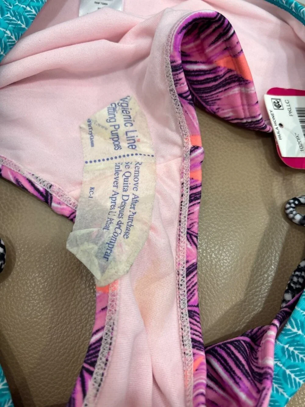 Hula Honey Large Pink Teal Palm Leaf Side Tie Bikini Bottom Boho Cottagecore NWT